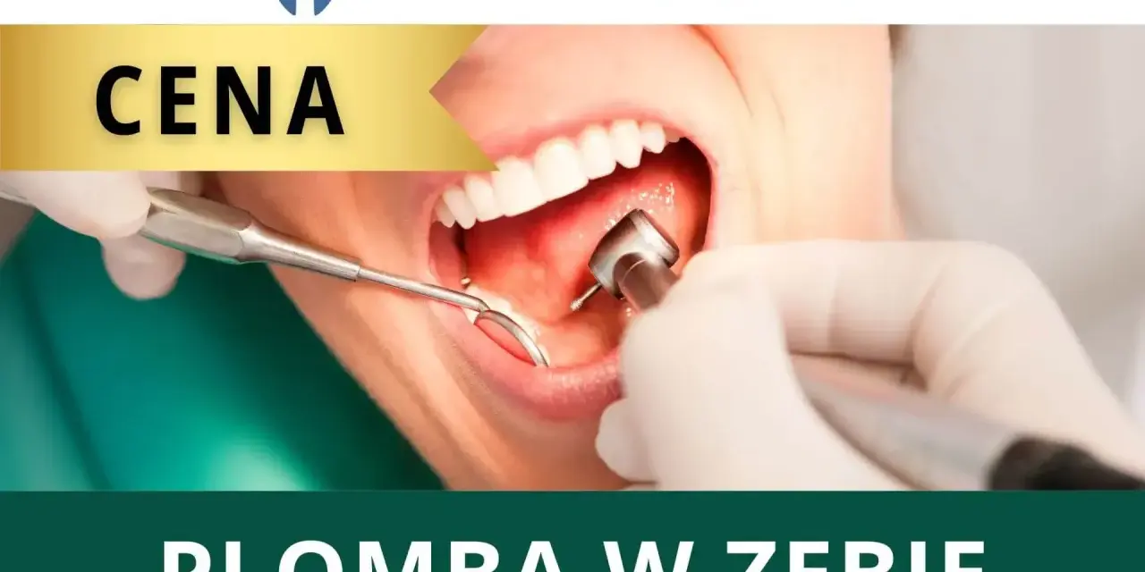Dentysta zakłada plombę w zębie. Widoczna jest cena zabiegu.