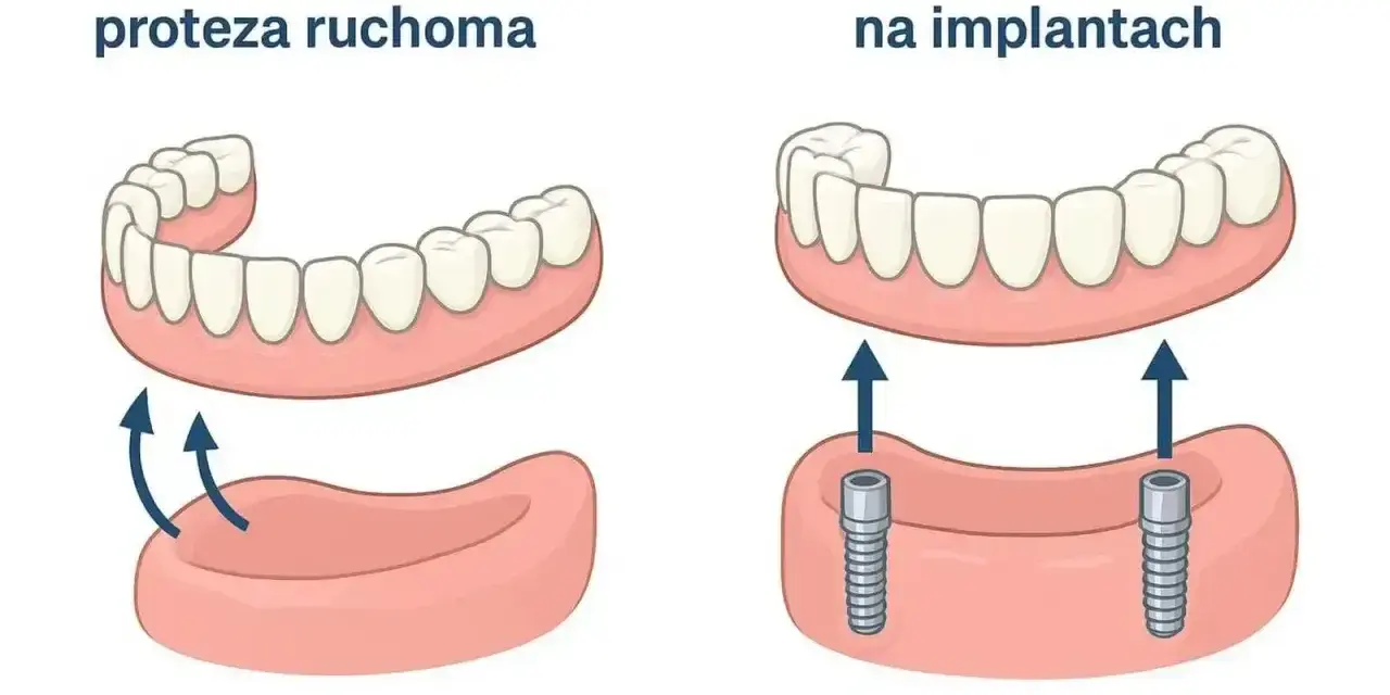 Porównanie tradycyjnej protezy ruchomej z protezą overdenture na implantach. Proteza na NFZ może być dostępna w obu wariantach.
