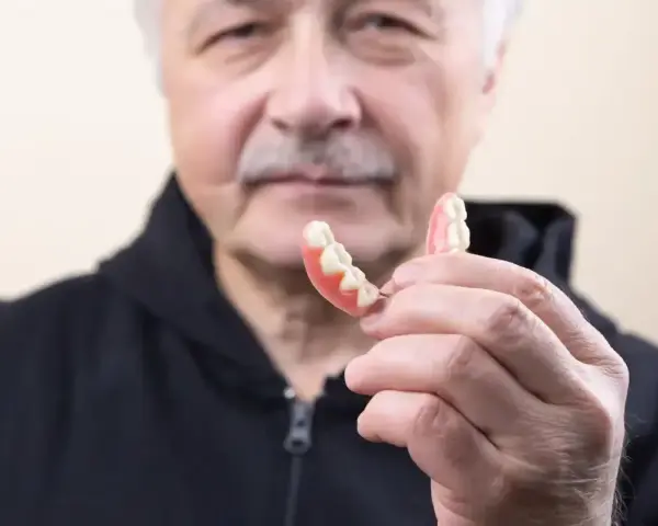Starszy mężczyzna trzyma protezę. Dowiedz się, jak usunąć klej do protez z dziąseł, aby zapewnić komfort.