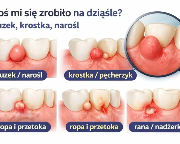 Guzek na dziąśle, krostka, ropa, przetoka, a nawet nadżerka – to objawy, które mogą wskazywać na nadziąślaka. Ilustracje pokazują różne stadia problemu.