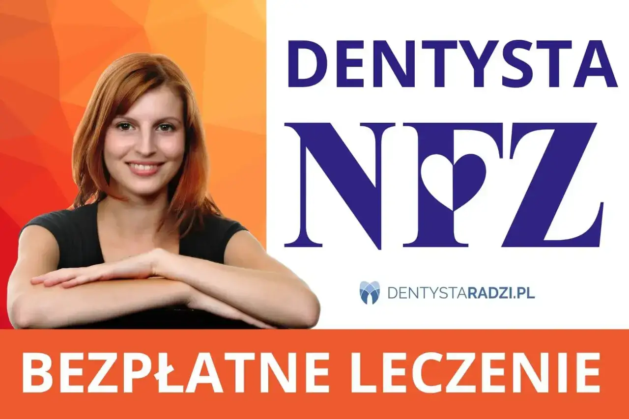 Uśmiechnięta kobieta obok napisu DENTYSTA NFZ. Bezpłatne leczenie zębów na NFZ.