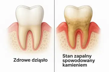Porównanie zdrowego zęba z zębem objętym stanem zapalnym spowodowanym kamieniem. Czy kamień nazębny śmierdzi? Tak, i powoduje problemy.